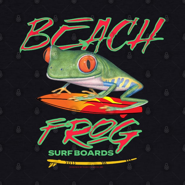 Funny and Cute hip hopper red eyed tree frog surfing tee by Danny Gordon Art